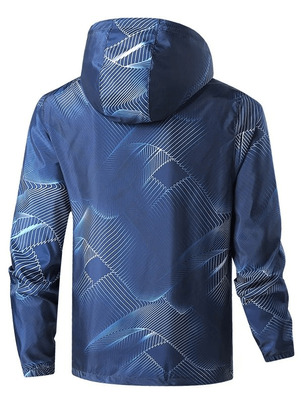 Back view of printed lightweight men's windbreaker jacket with hood, SF1946. Perfect for outdoor activities and style.